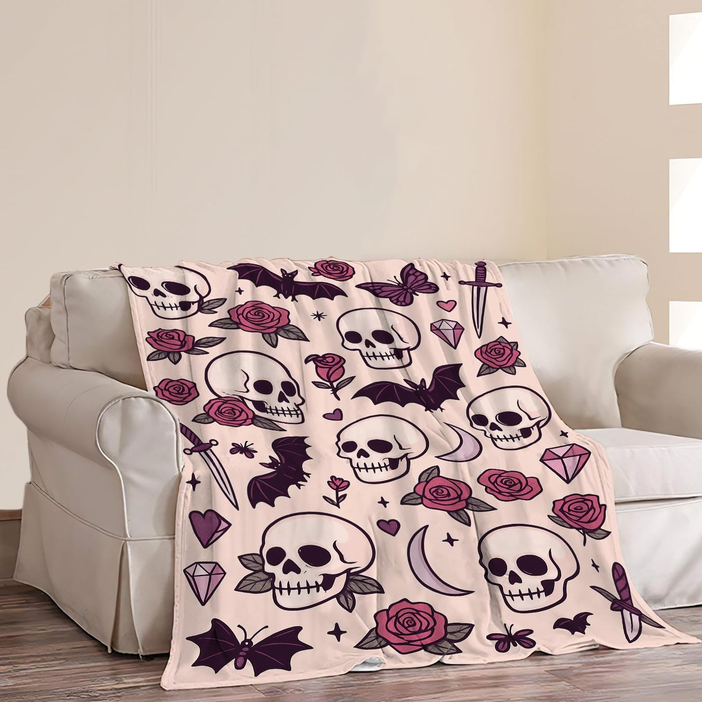 Gothic Pink Blanket Skull Skeleton Rose Bat Throw Blanket for Gothic Lover for Women Girls Adults Cozy Fleece Fuzzy Soft Flannel Plush Warm Bedding Stuff for Sofa Bed Couch 40 x 50 Inch