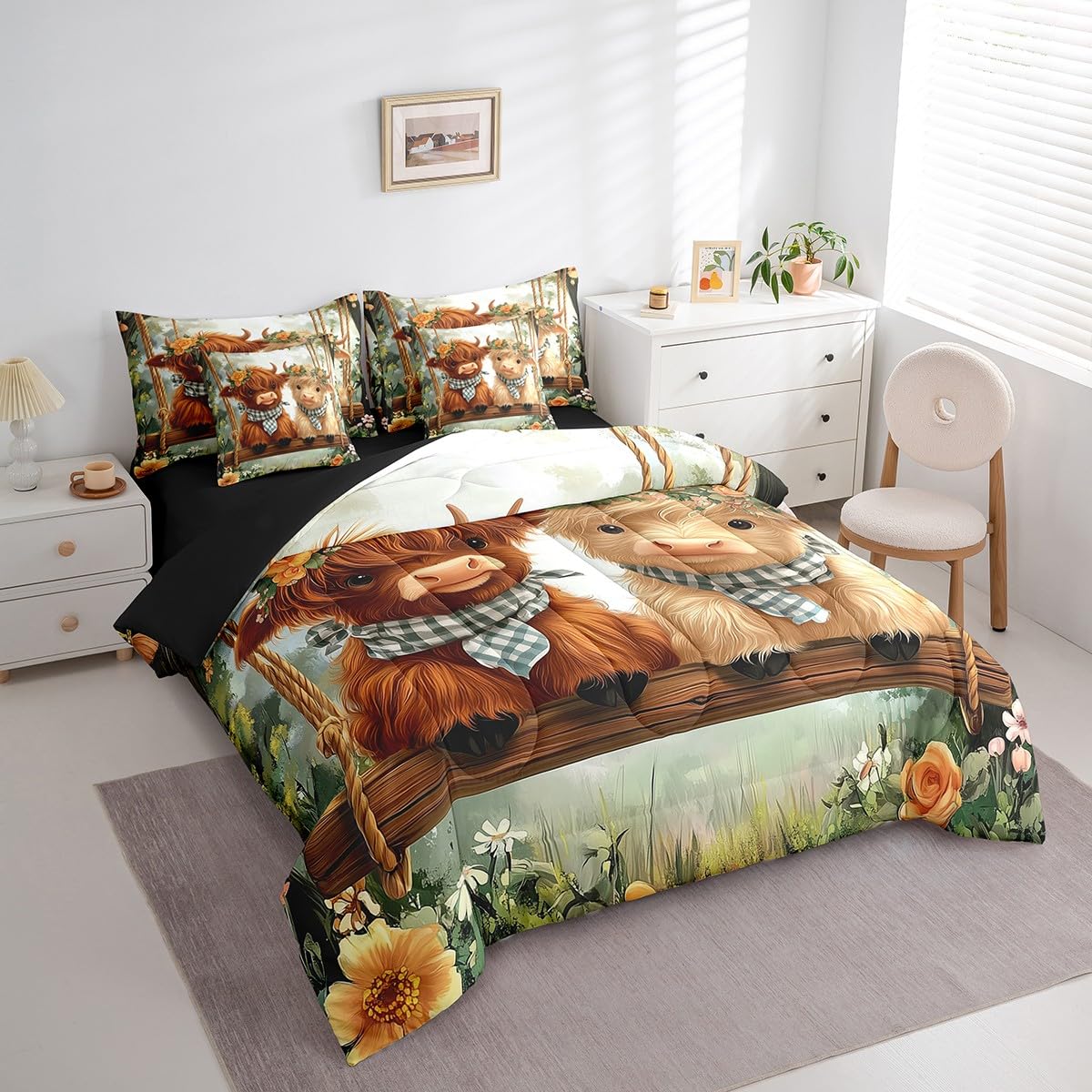 Erosebridal Kids Highland Cow 7 Piece Bedding Sets Western Cow Comforter Bed in a Bag Farmhouse Animal Printed Quilt with Sheet Set,for Children Boy Girl Teen Kids Bedroom Decor,King 7Pcs
