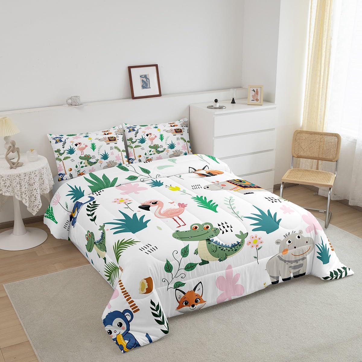 Feelyou Dinosaur Cartoon Fox Comforter Set for Girls Boys Kids King Size Wild Animals Comforter Room Decorative Hippo Bedding Set Botanical Zoo Animals Duvet Set 3Pcs Quilt Set