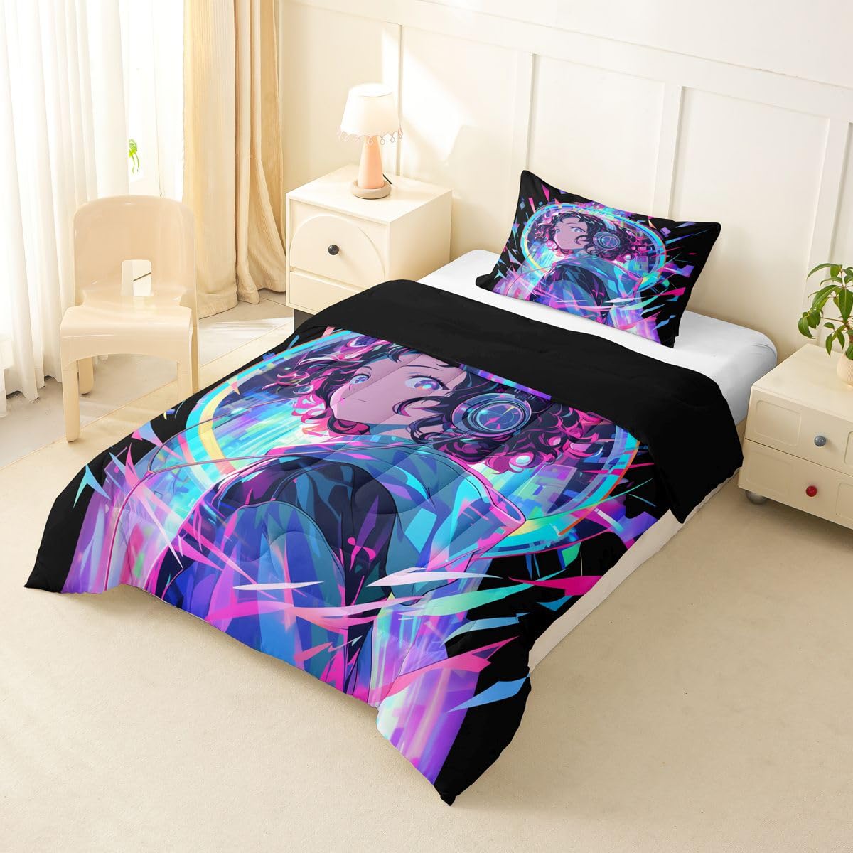 Erosebridal 3D Anime Girl Bedding Comforter Sets American Street Culture Comforter Set Twin for Teens Youth Girls Watercolor Graffiti Style Bedding Galaxy Stars Print Duvet Set with 1 Pillow Case