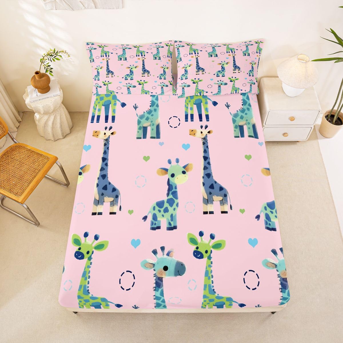 Erosebridal Giraffe Bed Sheets Full Pink and Green Geometric Sheet Set for Kids Boys Girls Cartoon Kawaii Sheets Wild Animal Flat Fitted Sheet 3 Pcs