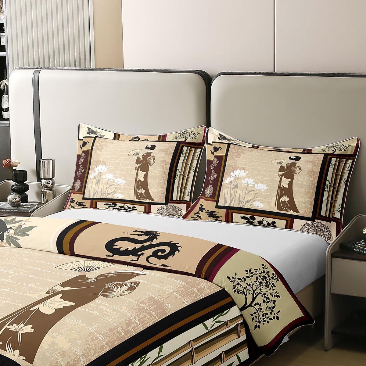 Erosebridal Chinese Girl Bedding Set Lotus Duvet Cover Full Size Asian Culture Comforter Cover Japanese Traditional Ethnic Exotic Bedspread Cover for Kids Adult Dorm Room Decorative