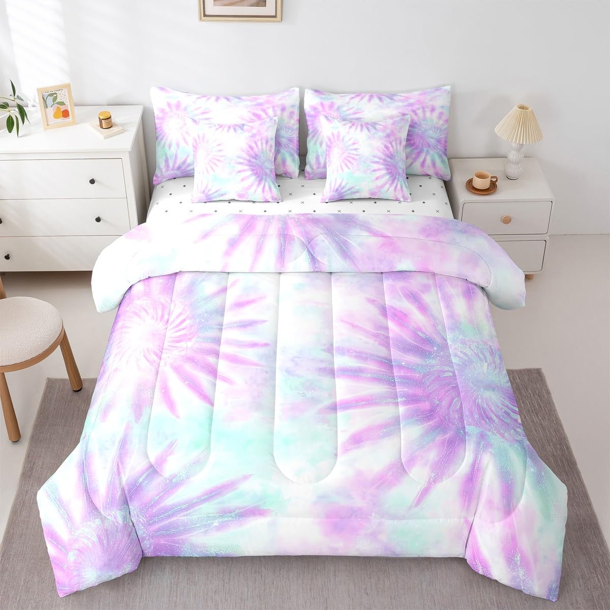 Erosebridal Tie Dye Queen Comforter Set, Purple 7-Piece Bed in A Bag, Setspiral Swirl Vortex Sheets and Pillowcases, Gypsy Girly Style Bed Sets