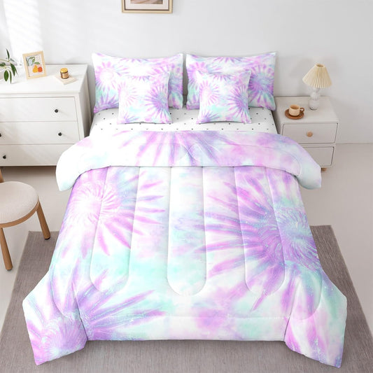 Erosebridal Tie Dye Queen Comforter Set, Purple 7-Piece Bed in A Bag, Setspiral Swirl Vortex Sheets and Pillowcases, Gypsy Girly Style Bed Sets