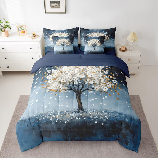 White Tree Branches Pattern 7 Pieces Bedding Set Twin Size Kids Leaf Branches Bed in a Bag with Comforter, Sheets, Pillowcases Fallen Leaves Bed Set Breathable Botanical Room Comforter Set with Sheets