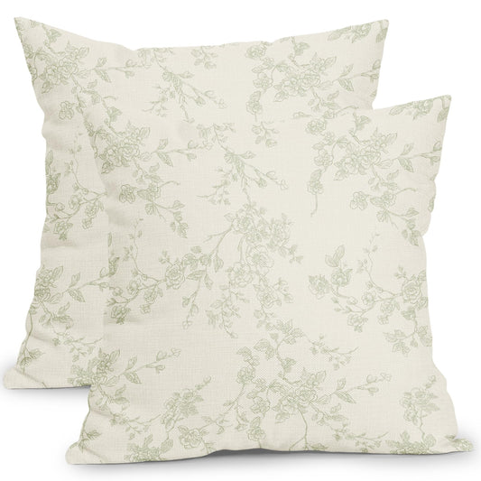 ABSOP Floral Pillow Covers 18x18 Inch Sage Green and Cream Outdoor Decorative Throw Pillows Set of 2 Vintage Floral Pillowcase Chinoiserie Flower Pillow Cases for Couch Home Decor