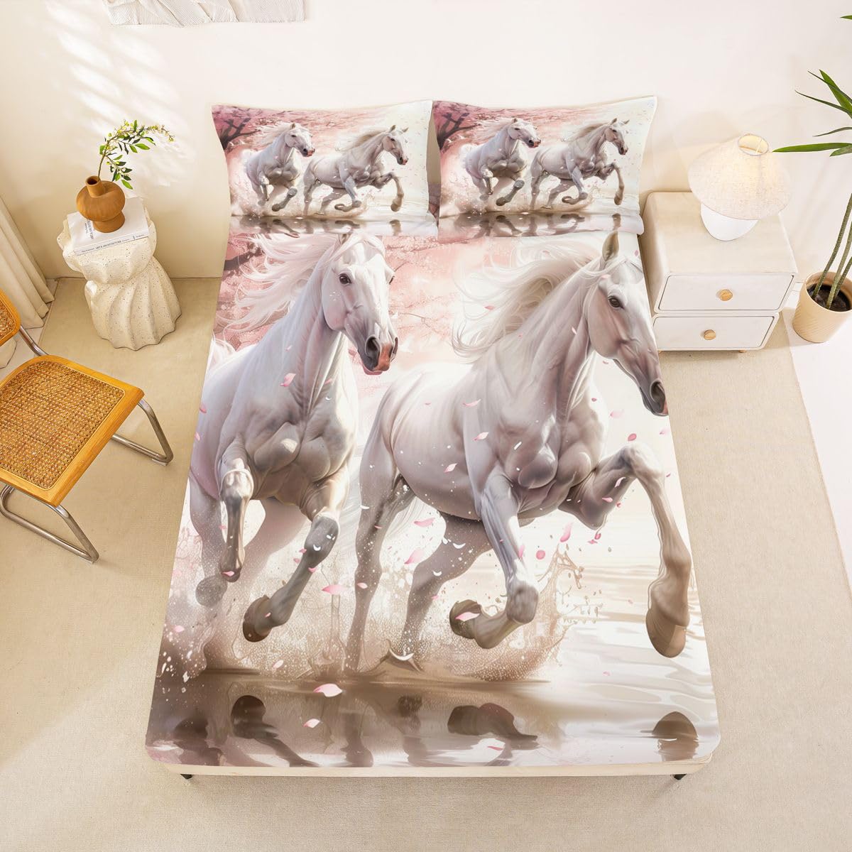 jejeloiu Galloping Horse Bed Sheets Sets Queen Size Kids Boys Girls Horse Bedding Set Cute Animal Decor Bed Sheet Set with 16-Inch Deep Pockets Western Farmhouse 4Pcs with 2 Pillow Cases