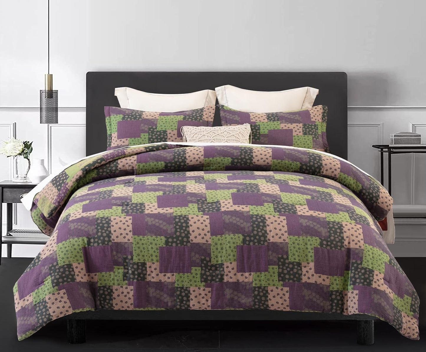SLEEPBELLA Washed Double Layer Muslin 100% Cotton Comforter Set King Size, Purple Green Patchwork Fluffy Thick Checked Bedding Set, Soft Breathable (1 Comforter, 2 Pillow Shams)
