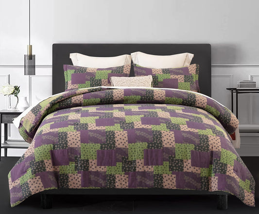 SLEEPBELLA Washed Double Layer Muslin 100% Cotton Comforter Set King Size, Purple Green Patchwork Fluffy Thick Checked Bedding Set, Soft Breathable (1 Comforter, 2 Pillow Shams)