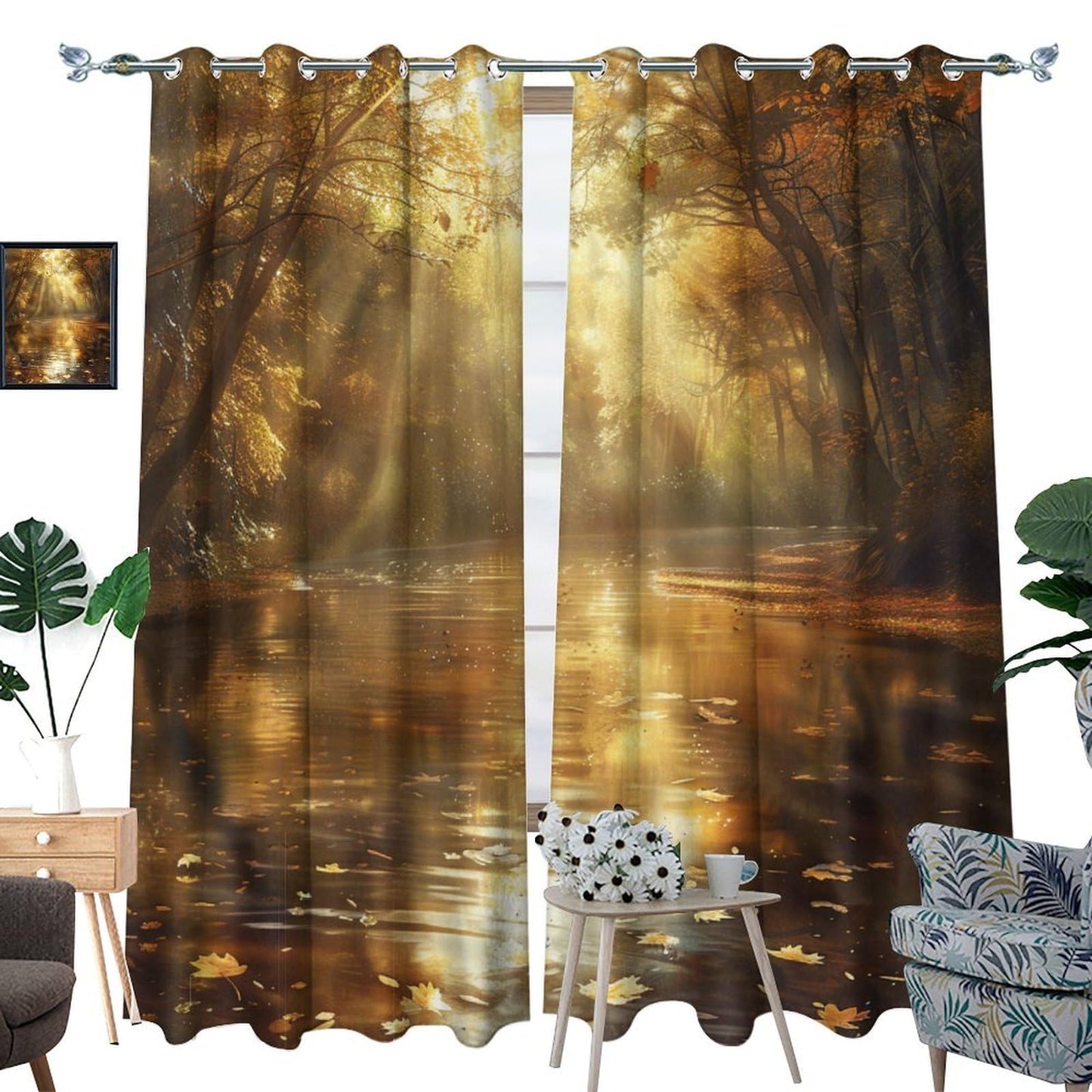 TOWINSFB Autumn River Tree Blackout Curtains for Bedroom/Living Room, Nature Landscape Maple Leaf Grommet Curtains Thermal Insulated Window Drapes, 2 Panels, Each 21W x 63L