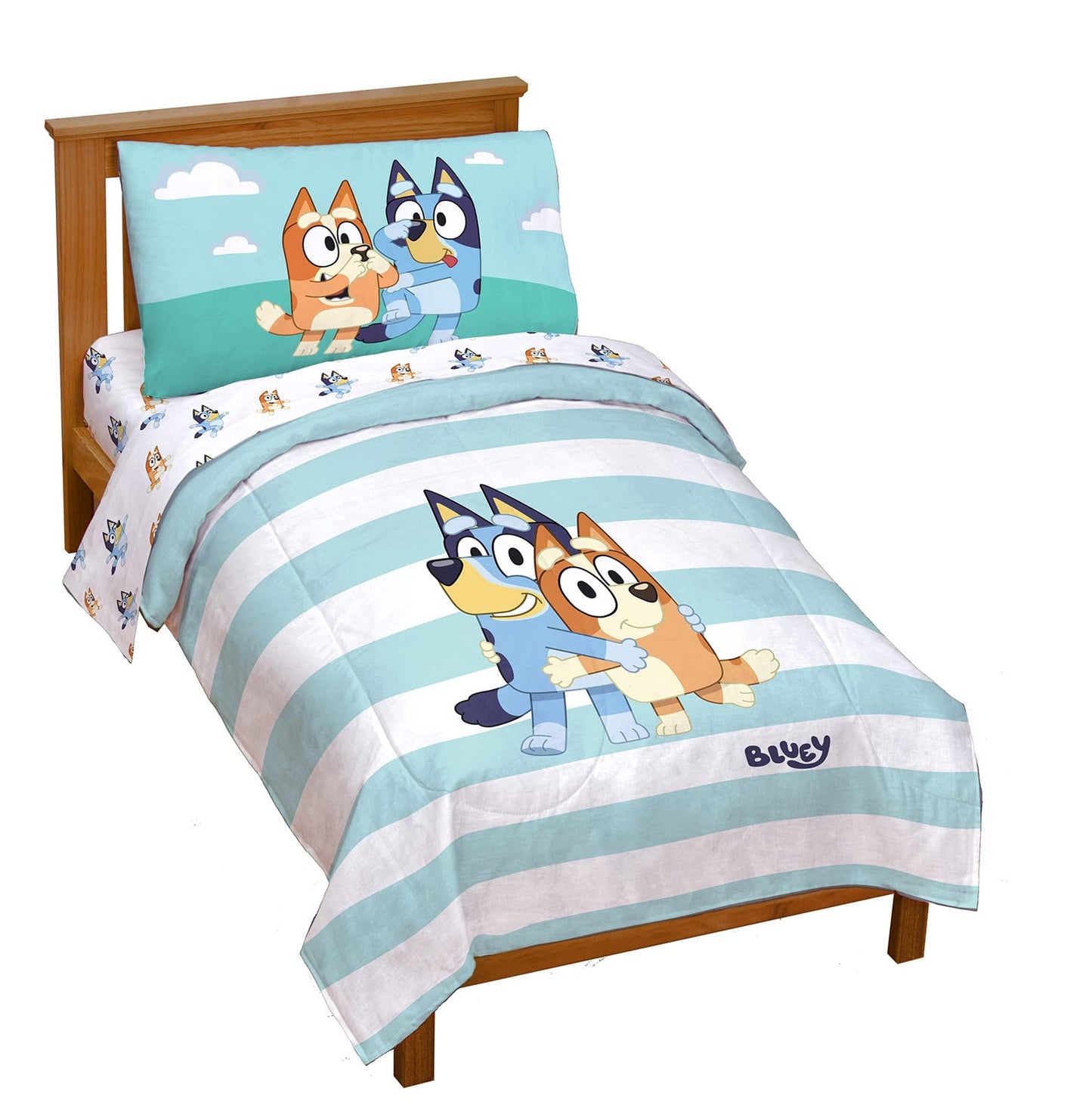 Jay Franco Bluey & Bingo 4 Piece Toddler Bedding Set – Includes Comforter, Sheets & Pillowcase, Super Soft Fade Resistant Microfiber, Official Licensed Toddler Bed Set for Boys and Girls, Blue