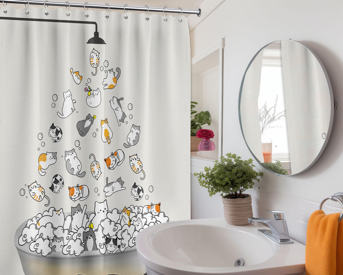 Tonmue Cute Cat Shower Curtain Kids Animal Cartoon Bathroom Decor, Waterproof Cloth Fabric with Hooks 70" W x 84" L