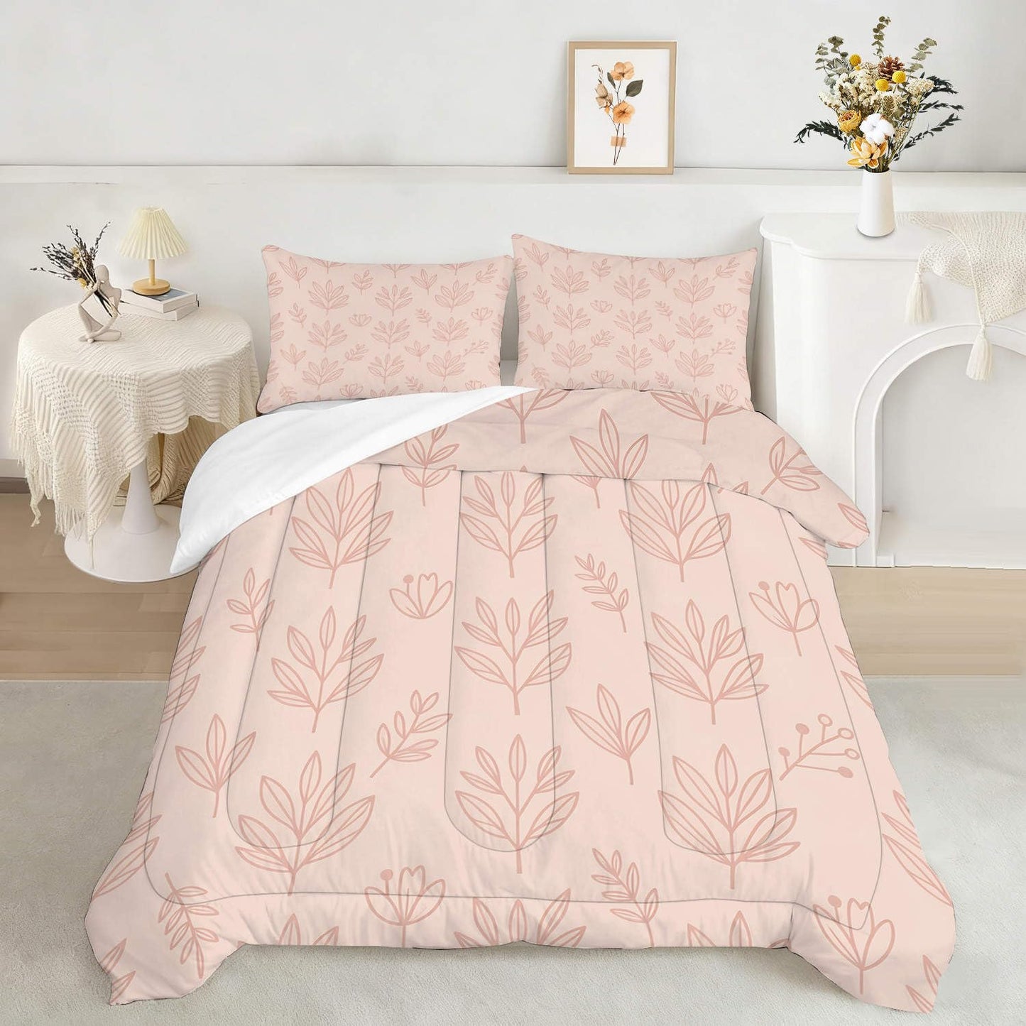 CERYUEE King 3pc Pink Line Leaf Boho Botanical Comforter Set