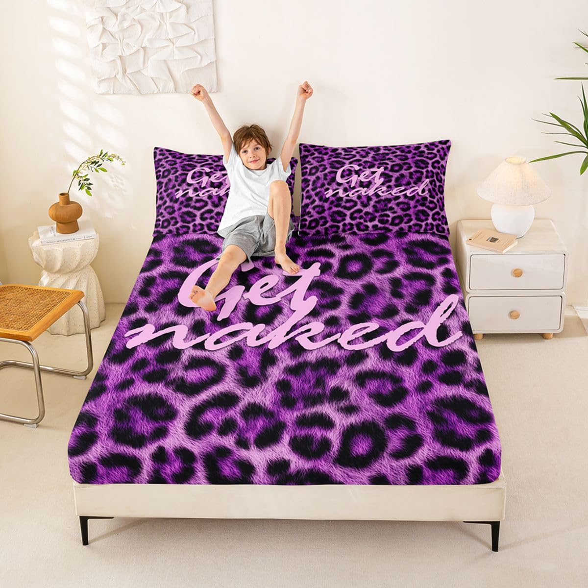 Feelyou Leopard Print Get Naked Fitted Sheet with 2 Pillowcases Full Size Funny Quotes Bed Sheets Set 16" Deep Pocket Boys Girls Purple Bedding Cheetah Teens Bedroom Decor Soft Microfiber