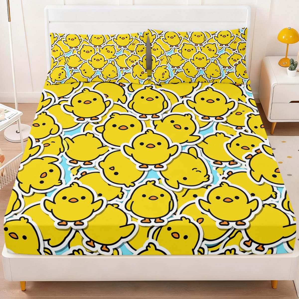 Cute Chicken Fitted Sheet Set Twin Size, 3 Pieces Happy Kawaii Chicken Bedding for Bedroom Decor, Bright Yellow Cartoon Chicken Microfiber Deep Pocket Bed Sheets with 2 Pillowcases (No Flat Sheet)
