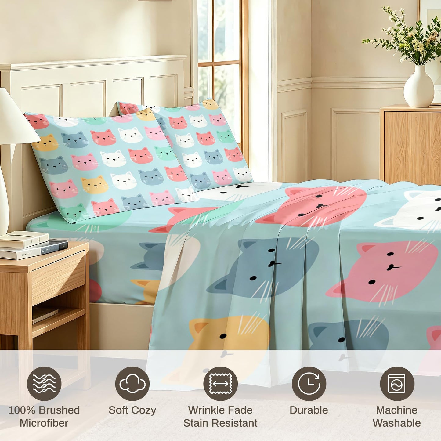 Cute Cat Sheet Set, 4 Pcs Queen Size Girls Kitten Bed Sheets