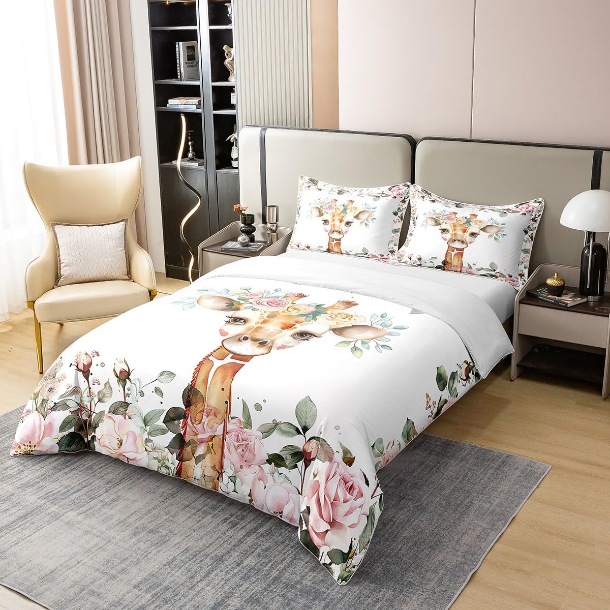 100% Cotton Kids Cartoon Animal Comforter Cover Cute Giraffe Bedding Sets Pink Rose Duvet Cover Queen Size Girls Floral Flower Quilt Cover,Wildlife Giraffe Skin Bedspread Cover Botanical Room Decor