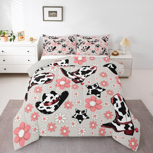 Feelyou Western Bedding Set Soft for Boys Girls, Cowgirl Floral Comforter Set Full Size Western Cowboy Boots Duvet Quilt Wild West Cactus Flower Bedroom Decor Gray Pink 3 Pcs with 2 Pillow Cases