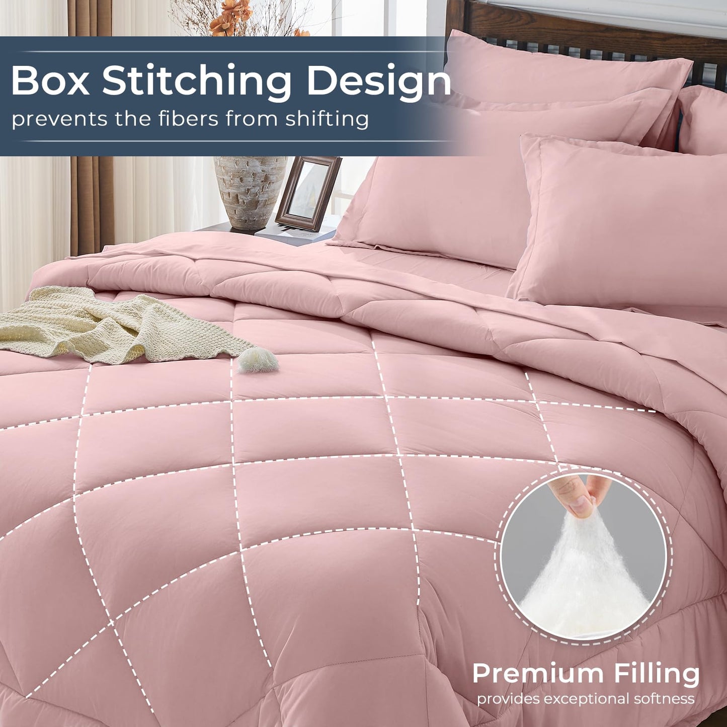 HEVUMYI Dusty Pink Queen Comforter Set - 7-Piece All Season Bed in a Bag Queen, Ultra Soft Bedding Set with Comforter, Flat Sheet, Fitted Sheet, Pillowcases, Pillow Shams