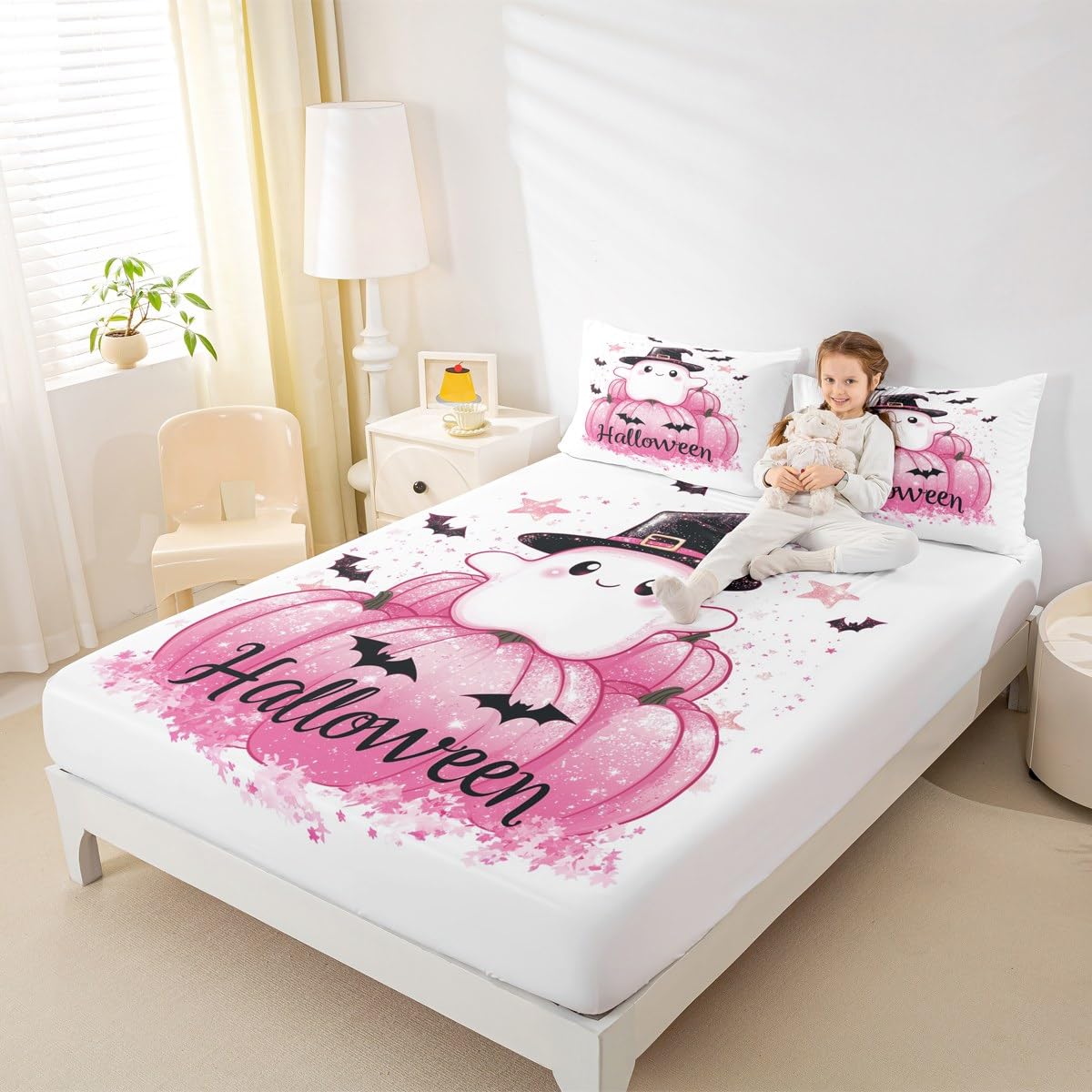 Feelyou Kids Halloween Bedding Set Full Size, Cute Ghost Bed Sheet Set Boys Girls Pink Pumpkin Fitted Sheet Black Bat Teens Bedroom Decor Bed Set 3Pcs (No Flat Sheet)