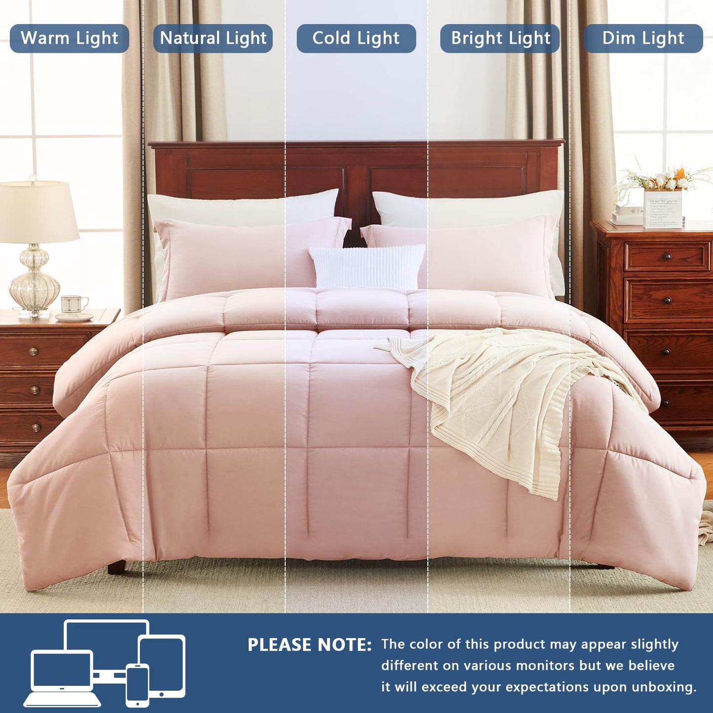 CozyLux Queen Comforter Set - 270GSM Blush Pink Bedding Sets for All Seasons, 3 Pieces Box Stitched Bed Set with 1 Down Alternative Comforter and 2 Pillow Shams, Soft, Lightweight, Breathable