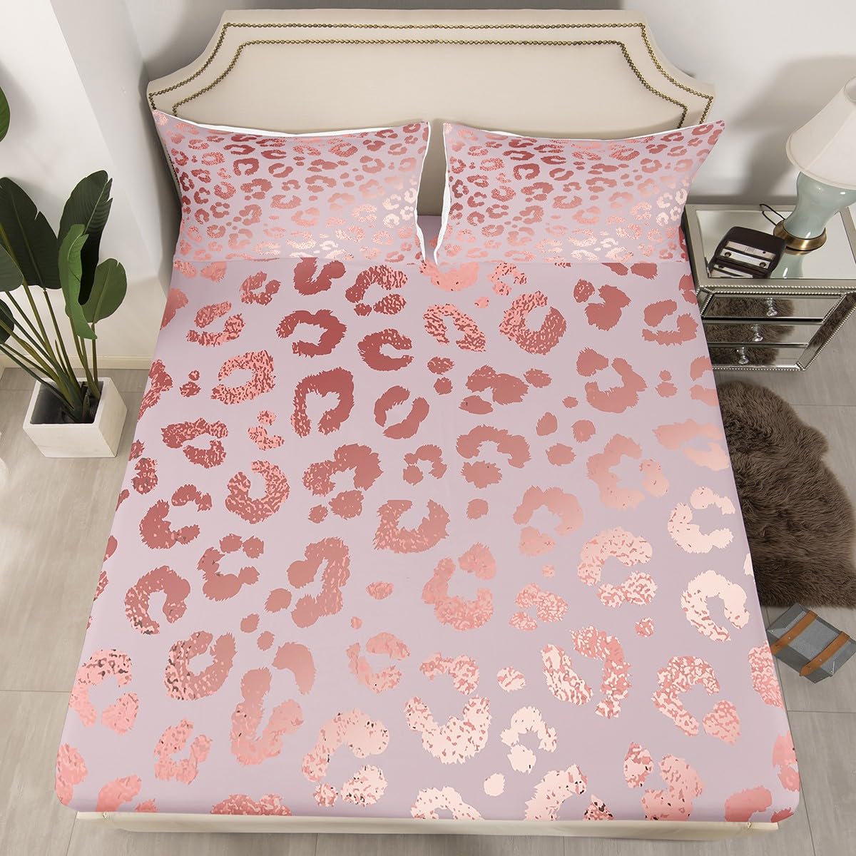 Erosebridal Cheetah Print Sheet Set,Luxury Pink Sequin Bed Sheets,Rose Gold Colored Leopard Print Queen Sheets,Safari Animal Fitted Sheet,Ultra Soft Cozy Durable Flat Sheet…