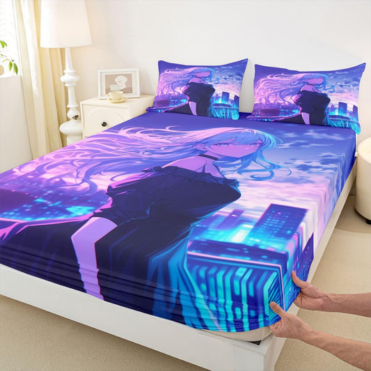Japanese Anime Girl Bedding Set 3D Anime Gifts Bed Sheets Queen for Kids Boys Guys Japanese Style Fitted Sheet, Cartoon Printed Kawaii Girls Sheets Romance Cherry Blossoms Fitted Bed Sheets