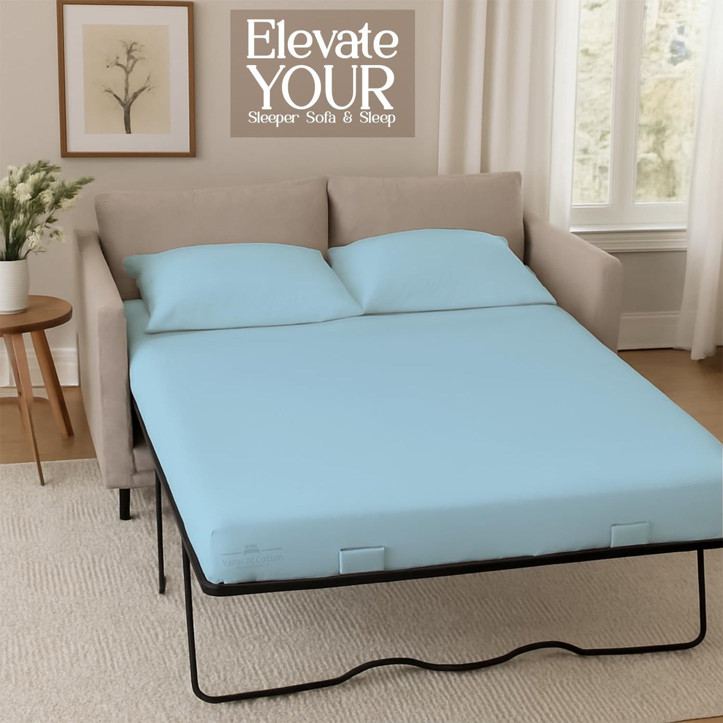 Sleeper Sofa Bed Sheet, 100% Cotton 400 Thread Count, 4 Piece Set, Deep Pocket Fitted Sheet, Soft Wrinkle Free & Breathable, Luxury Hotel Quality, Fits Up to 6 Inch Mattress (Full, Light Blue)