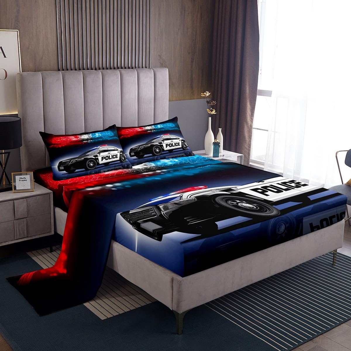 Erosebridal Boys Police Car Bed Sheet Set King Size Kids Children Policeman Vehicle Bedding Sets Red Blue Cop Lights Sheet Set Geometric Graphic Deep Pocket Fitted Sheet+ Flat Sheet + 1 Pillow Case