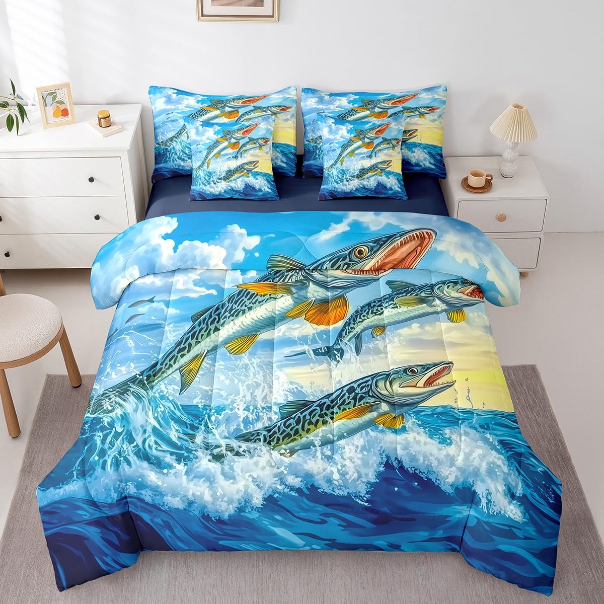 Erosebridal Pike Fish Bedding Sets, Big Bass Fish Microfiber 7 Piece Full Size Comforter Set for Kids Boys Girls, Hunting and Fishing Print Bed in a Bag Bed Set, Sea Waves Animals Bed Sheets Set