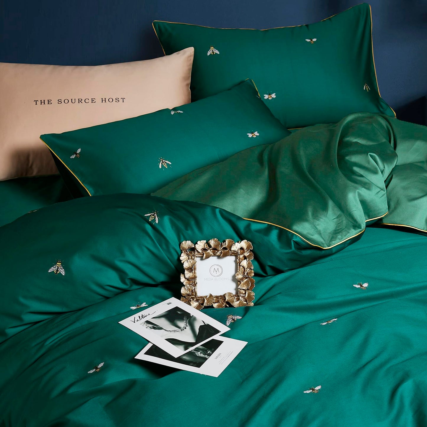 mixinni Dark Green Duvet Cover King Size, 100% Long Staple Cotton Honeybee Floral Pattern 3pc Bedding Duvet Cover Set with Zipper Ties 2 Pillowcases Perfect for Him and Her-King Size