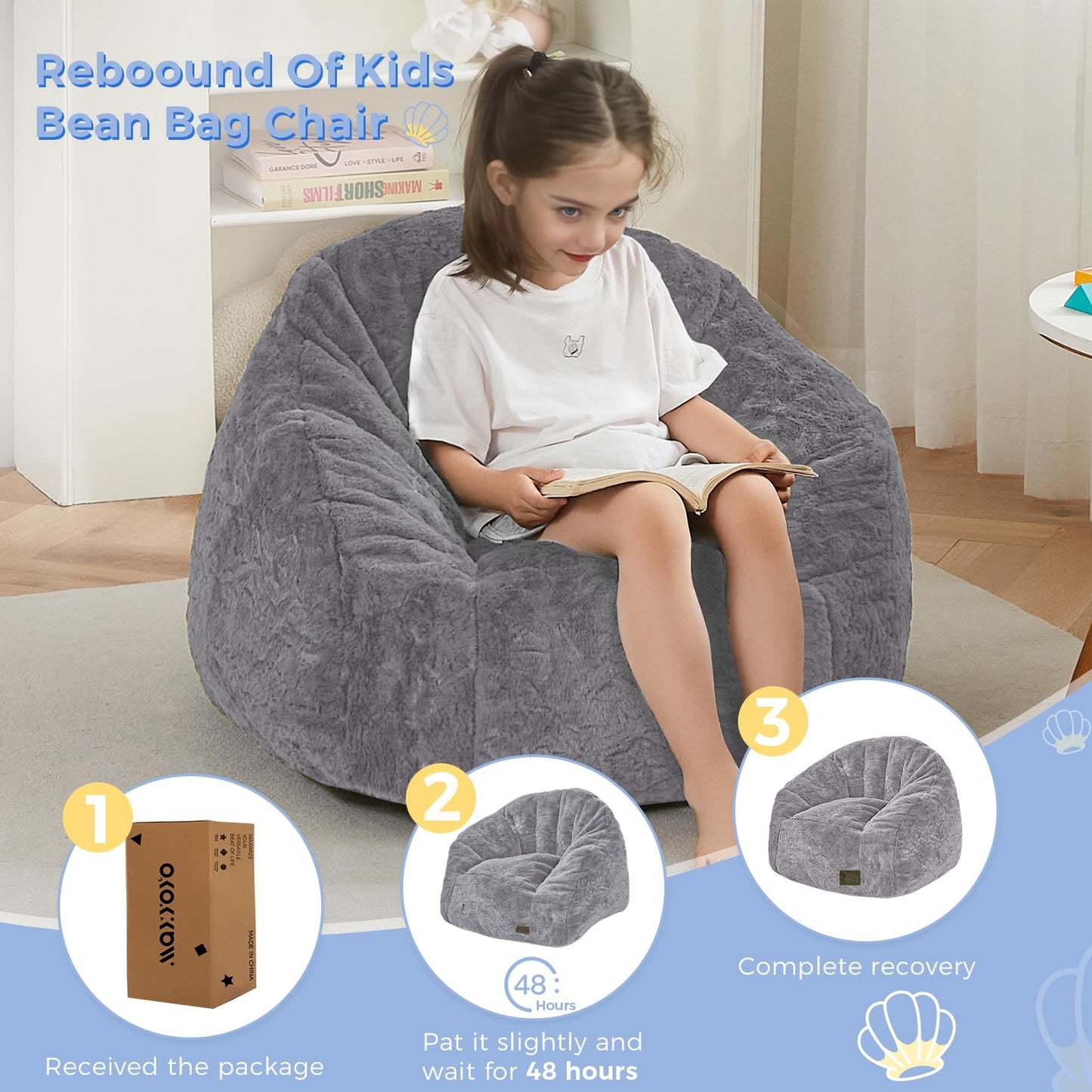 MAXYOYO Bean Bag Chair for Kids, Shell Shaped Bean Bag Couch for Boys and Girls, Toddler Chair Bean Bag Sofa for Playroom, Nursery Room, Dark Grey