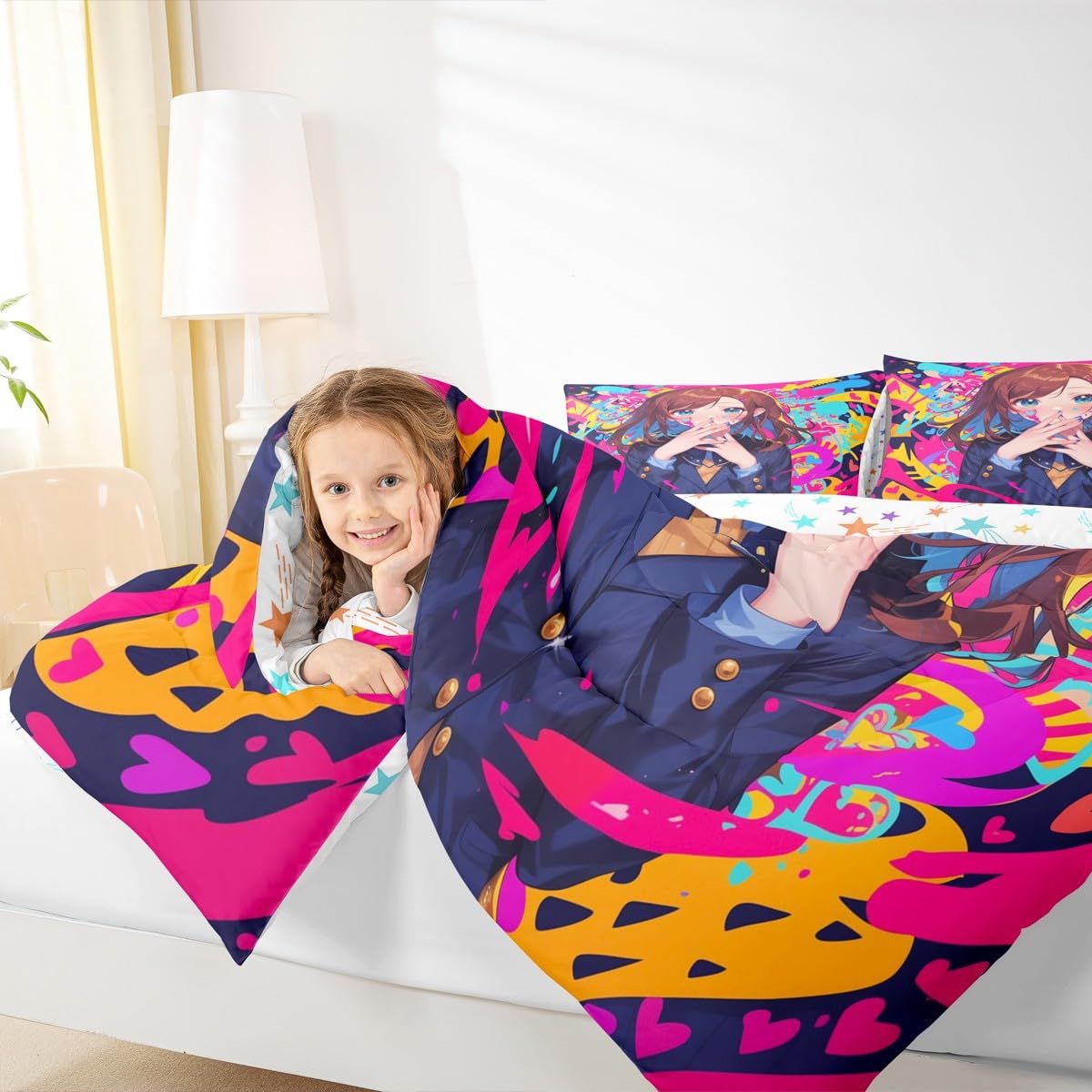 Erosebridal Anime Girl Twin Bedding Set, Japanese Anime Comforter Set 3 Piece for Kids Girls Teens Adult Bedroom Decor, Cartoon Girl Quilt Kawaii Japanese Animation Bedding Comforter Sets