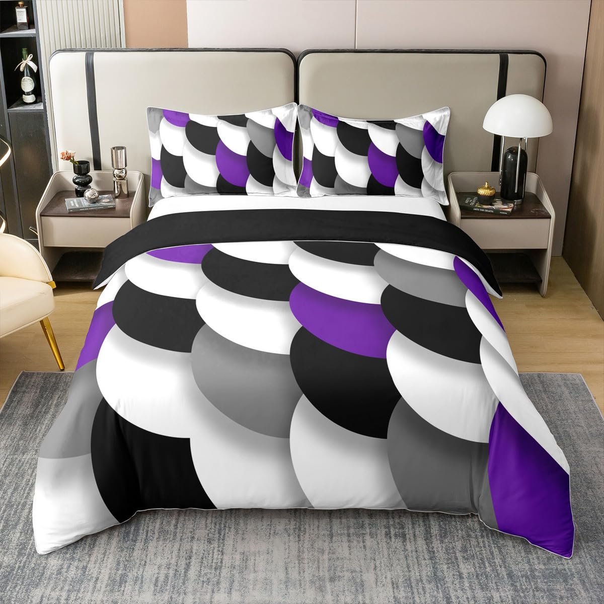 jejeloiu Geometric Bedding Set Queen Size Purple Black White Duvet Cover 100% Cotton for Boys Girls Teens Abstract Art Comforter Cover Soft（No Comforter）