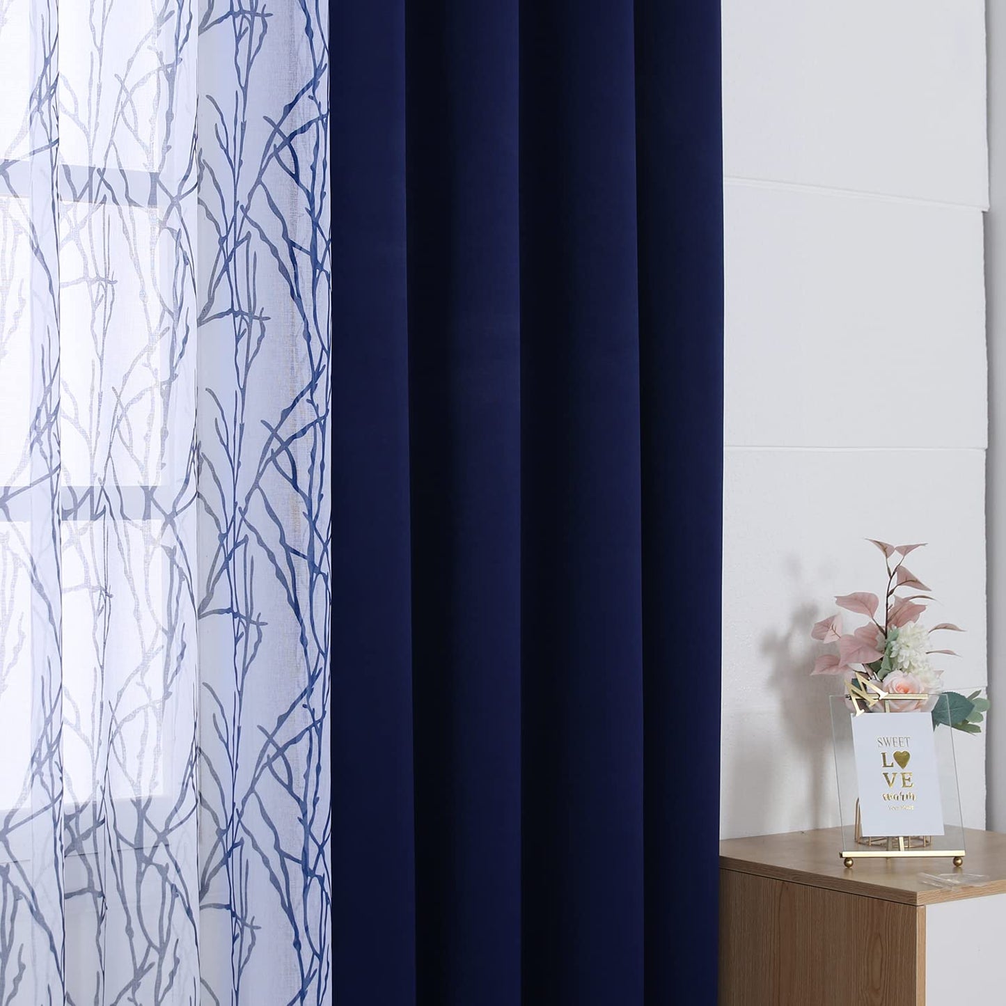 BONZER Mix and Match Curtains - 2 Pieces Branch Print Sheer Curtains and 2 Pieces Blackout Curtains for Bedroom Living Room Grommet Window Drapes, 54x108 Inch/Panel, Indigo, Set of 4 Panels