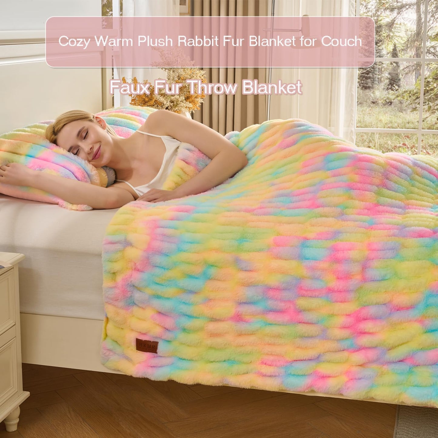 Double Side Faux Fur Throw Blanket,Cozy Soft Fuzzy Fluffy Faux Rabbit Fur Blanket for Couch, Bed, Sofa,Room Decor-Rainbow,50x60 inch