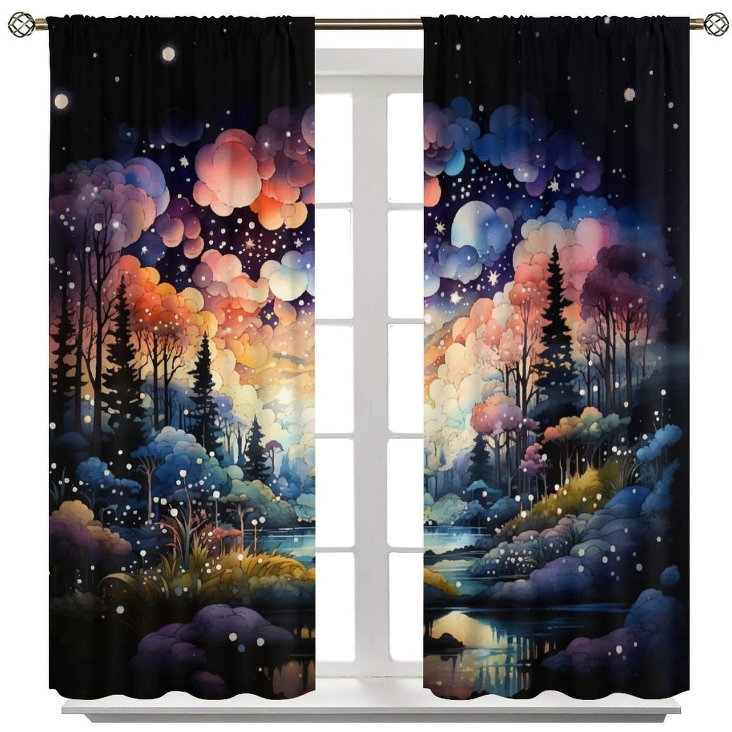 Fantasy Forest Curtains, Colorful Dreamy Mystic Fairy Tale Magic Jungle Under Starry Sky, Thermal Insulation Blackout Rod Pocket Window Treatments for Living Room Bedroom Bathroom (21x45in) x2 Panels