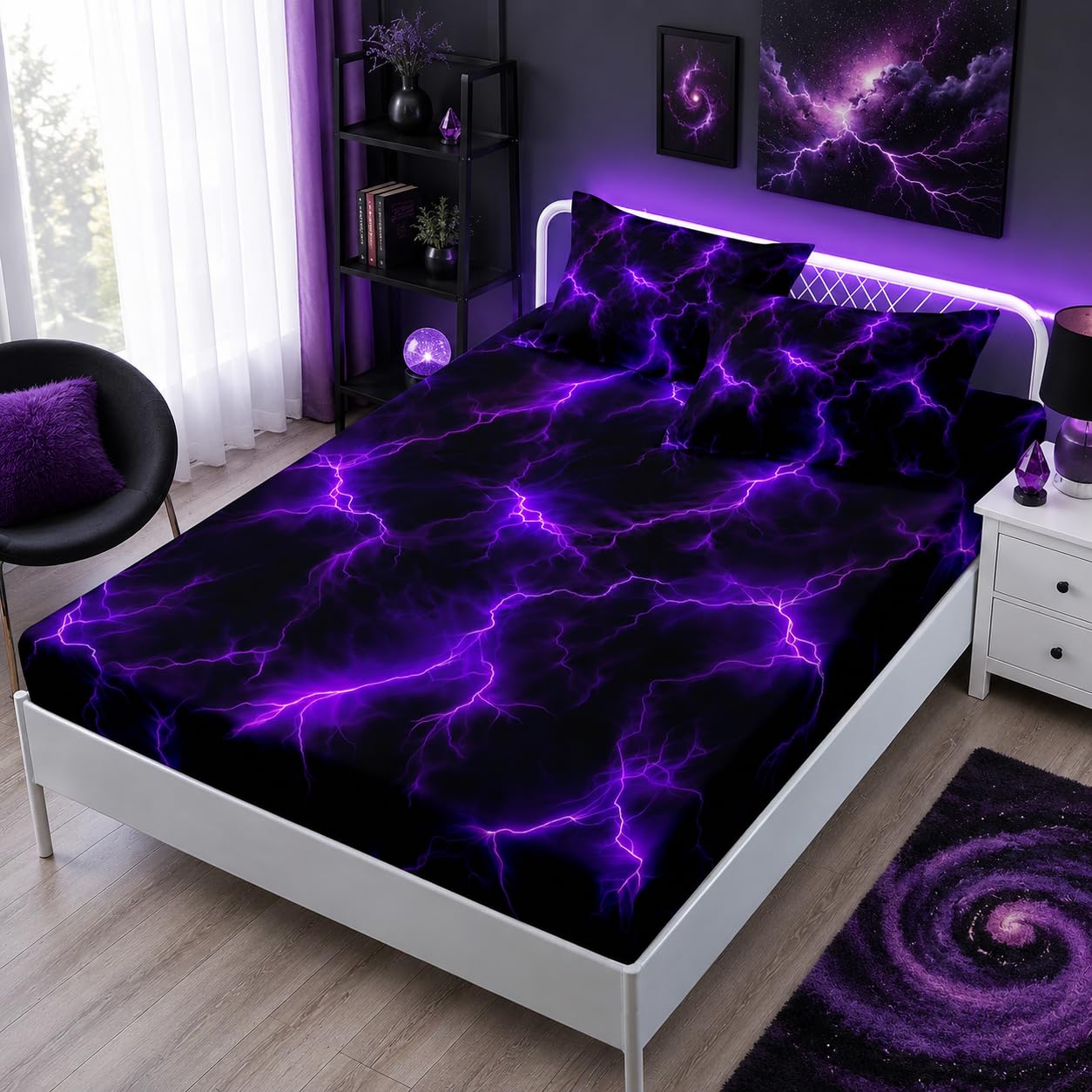 HOSIMA Lightning Fitted Sheet Twin Size, Abstract Neon Game Bedding Set for Boys & Girls, 1 Fitted Sheet + 2 Pillowcases