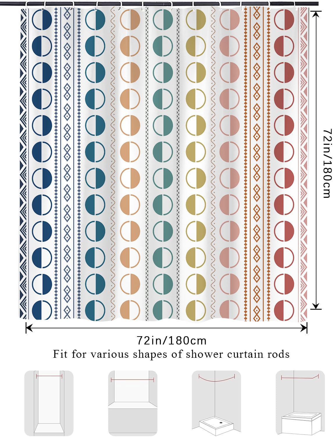Yuphive Modern Geometric Shower Curtain, Boho Rainbow Simple Minimalist Shower Curtains for Bathroom, Kids Colorful Unique Abstract Pattern Waterproof Polyester Fabric Bathroom Set 12 Hooks 72X72IN