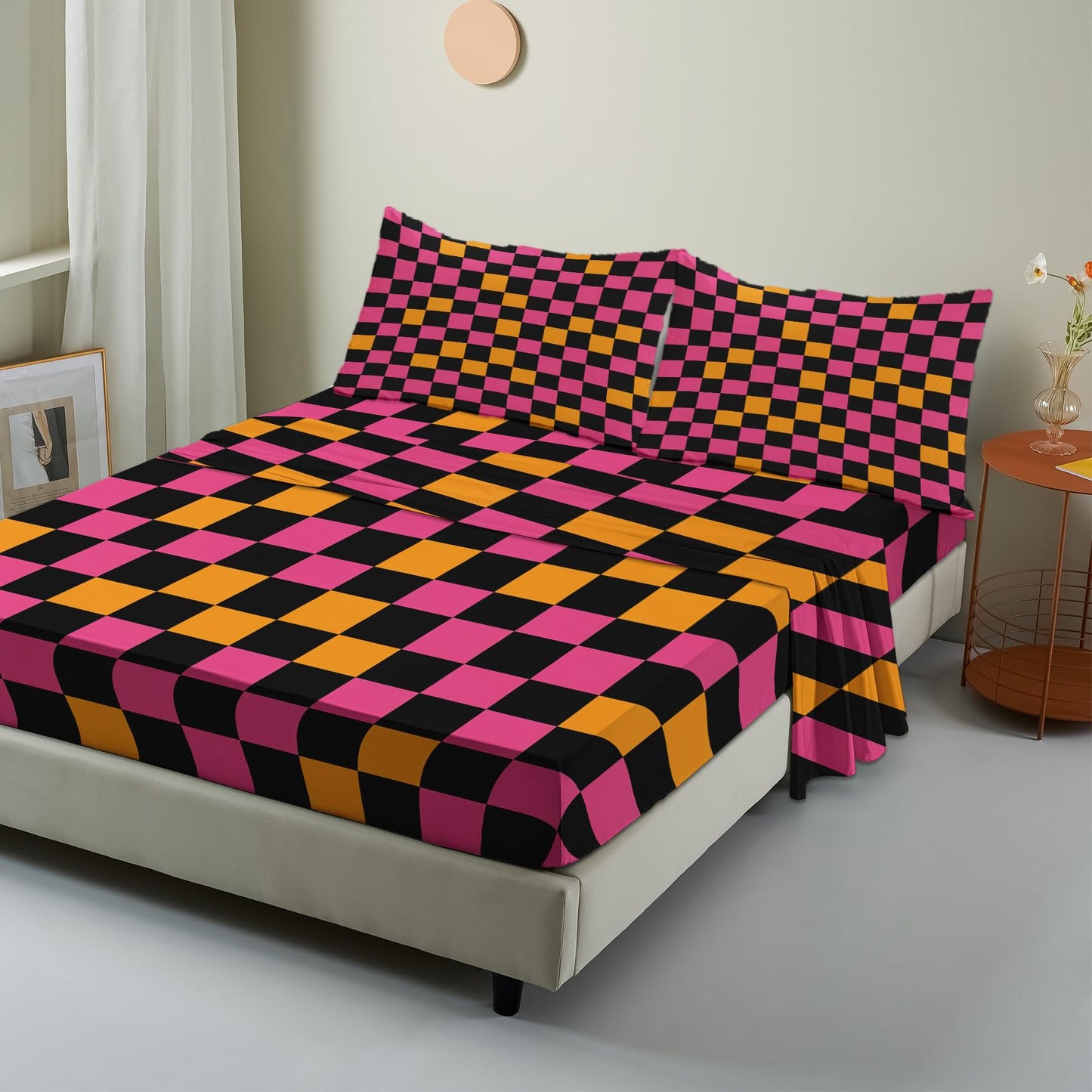 NOGAWA Retro Checkered Sheets King Size, 70s Geometric Bed Sheets, Y2k 2000s Bedding Sheets, Pillowcases 4 Piece Set, Microfiber Deep Pocket Fitted Sheet, Flat Sheet, 2 Pillow Cases