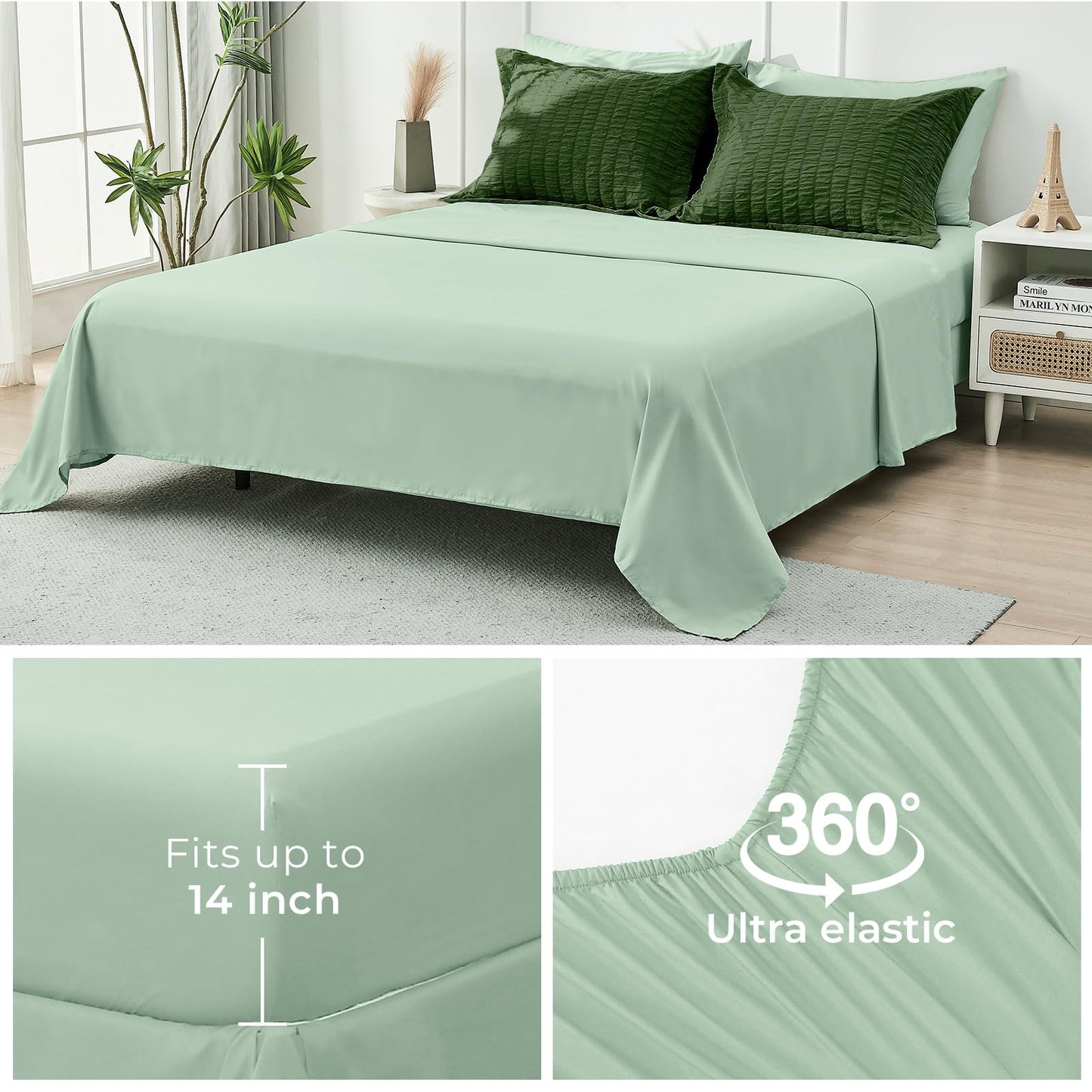 HYMOKEGE Dark Green/Sage Green Oversized Queen Comforter Set Seersucker 7 Pieces, All Season Luxury Bed in a Bag for Bedroom, Bedding Set with Comforter, Sheets, Pillowcases & Shams