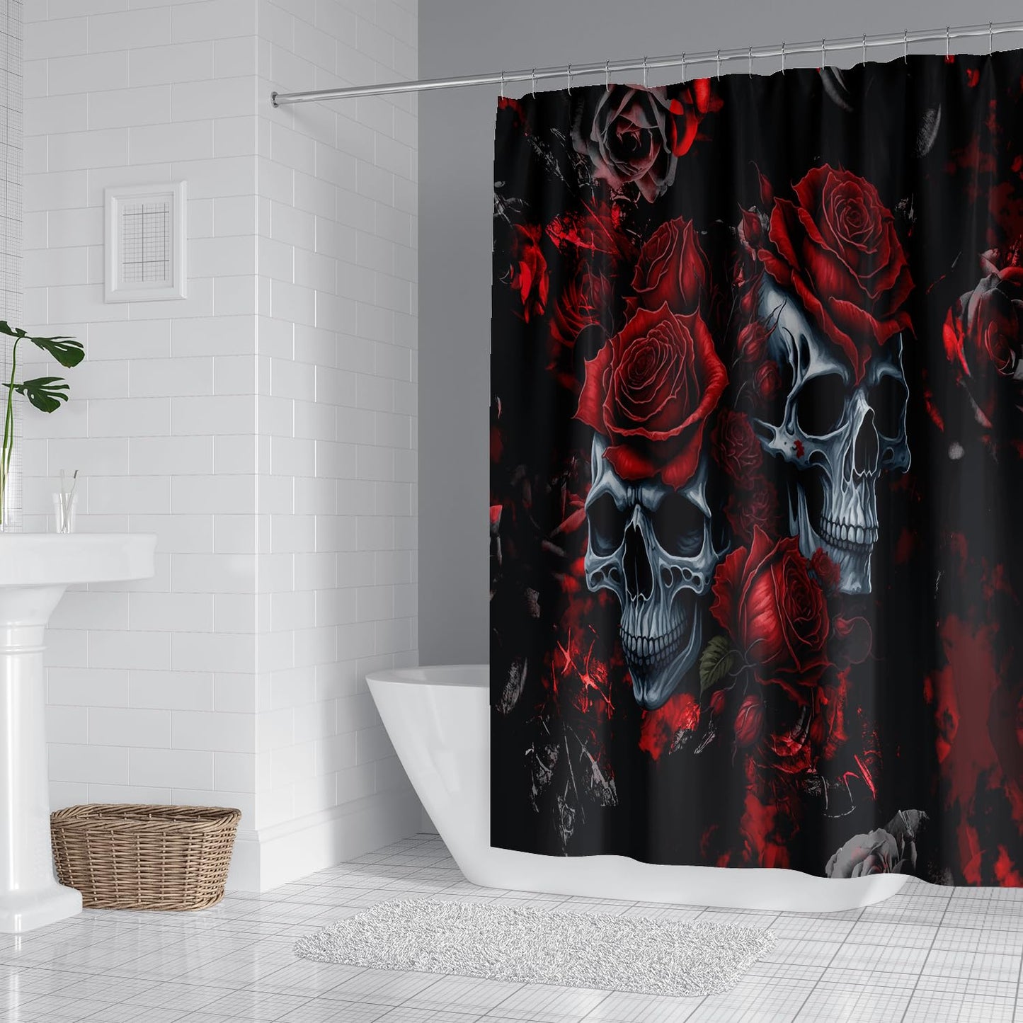 RinRinfam 4Pcs Skull Shower Curtain Set, Helloween Red Rose Skull Shower Curtain Set Non-Slip Rug,Toilet Lid Cover,U Shape Mat,Waterproof Bathroom Decor Sets with 12 Hooks,Red Black