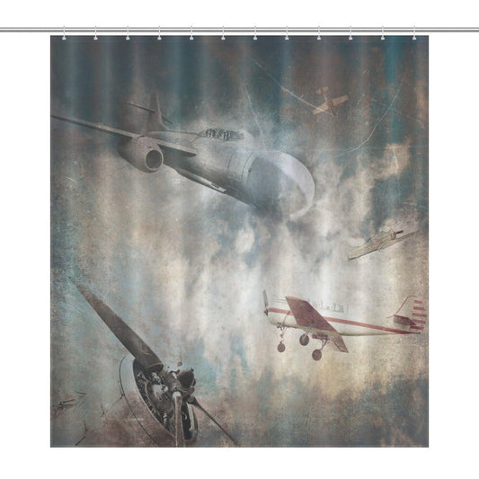 Retro Airplane Shower Curtain,Kids Vintage Style Plane Above The Clouds Aircraft Pattern Print Bathroom Curtains Cloth Fabric Home Decor with Hooks Set 66x72Inch（168x183cm）