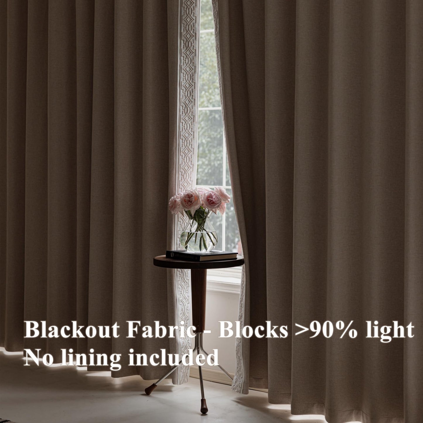 VisionaryHomeDesign Blackout Pinch Pleat Curtains with Embroidery Trim -Soft Beige Linen Blend Curtains for Living Room or Bedroom (50" W x 108" L)