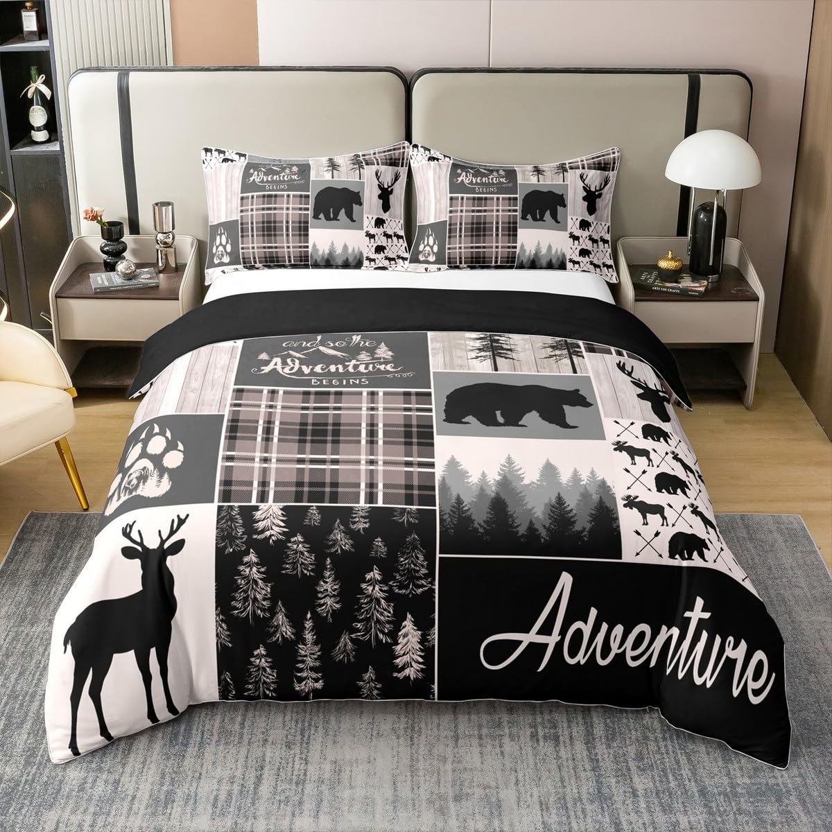 Erosebridal Hunting Bear Deer 100% Cotton Duvet Cover Queen Size for Kids Buffalo Patchwork Comforter Cover Rustic Farmhouse Claw Bedding Set for Boys Teens Men Bedroom Adventure Camping Bedclothes