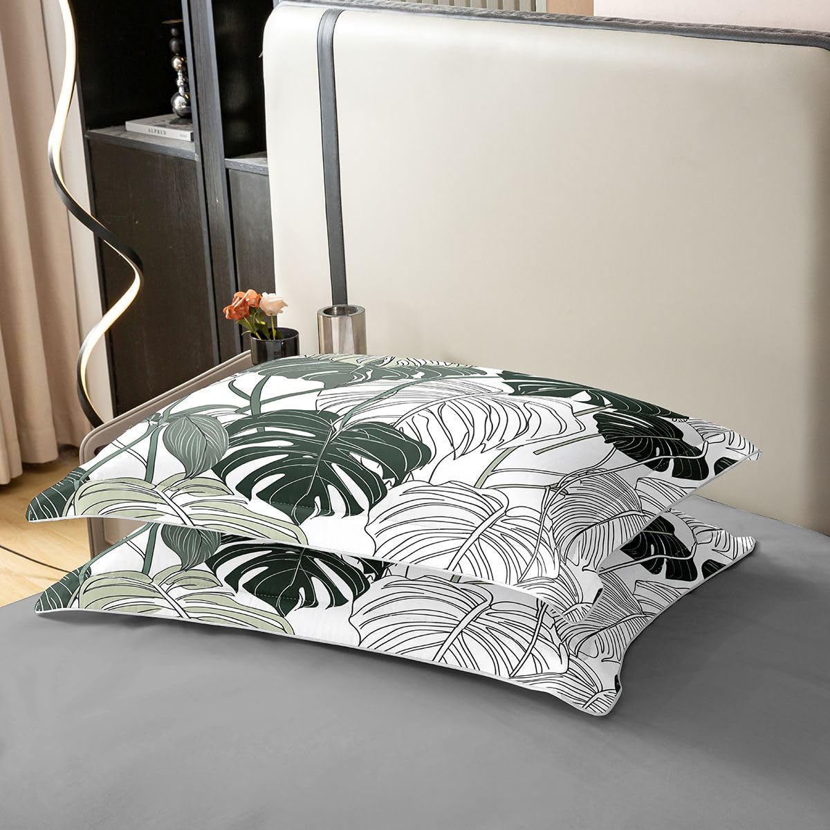 100% Natural Cotton Palm Leaf Bedding Set Monstera Duvet Cover Tropical Leaves Branch Comforter Cover Hawaiian Hippie Botanical Bedspread Cover for Kids Adult, Decor 2Pcs Twin Size, Soft Microfiber