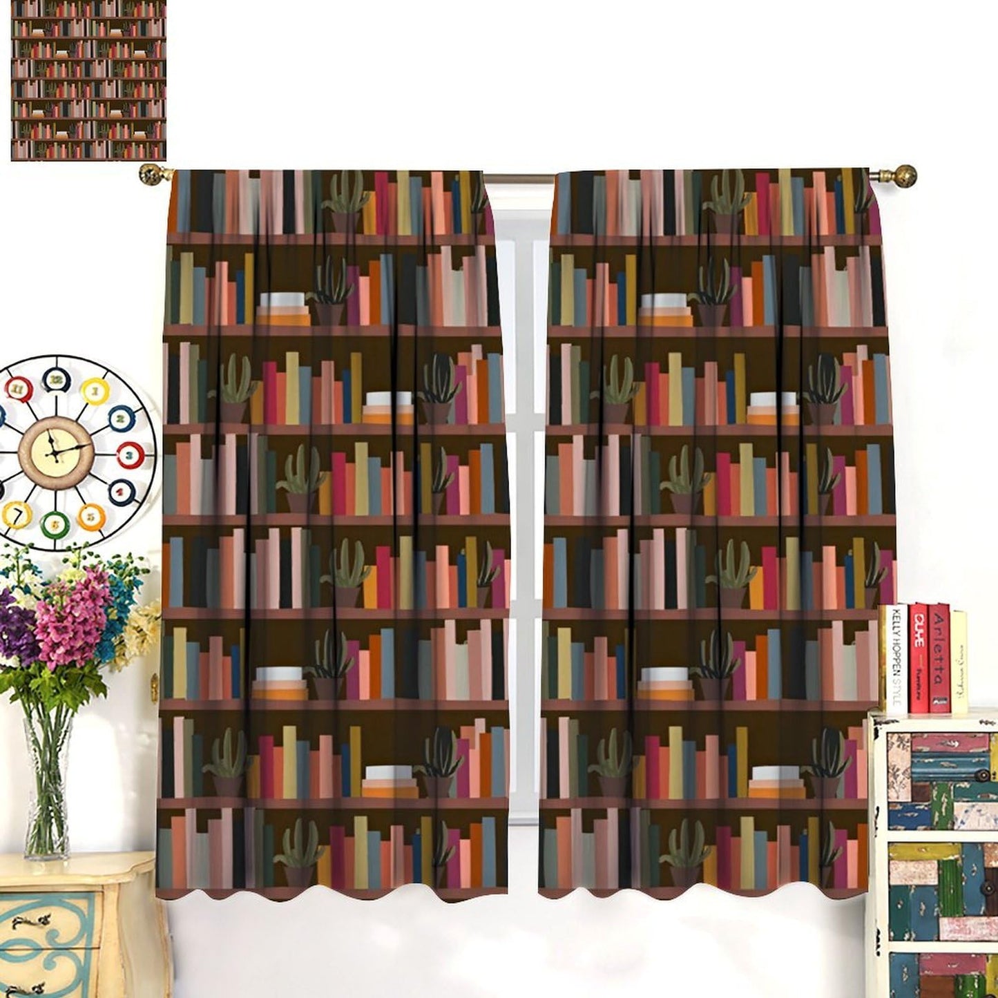 Nsbul Retro Bookshelf Curtains, Bohemian Bookcase Books Succulents Print Window Treatment for Bedroom Living Room Library Home Decor, 42" W X 45" L(No Blackout)