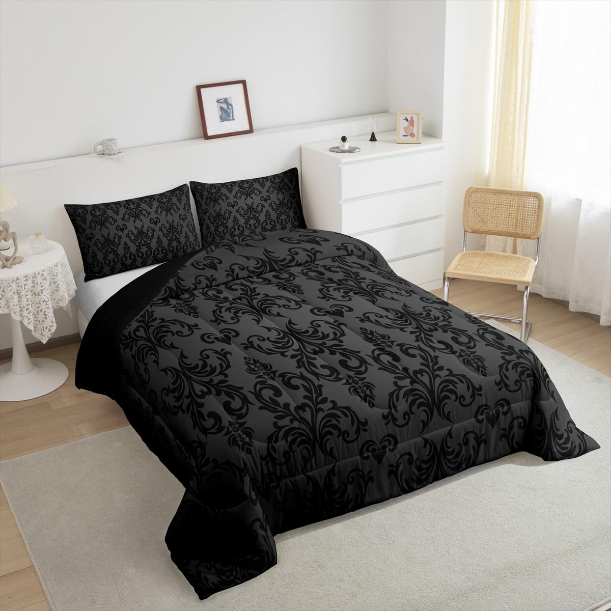 Feelyou Jacquard Bedding Set,Twin Size Floral Comforter Set for Adults and Teens,Boho Damask Duvet Set,Black & Grey Quilt Set (2Pcs)