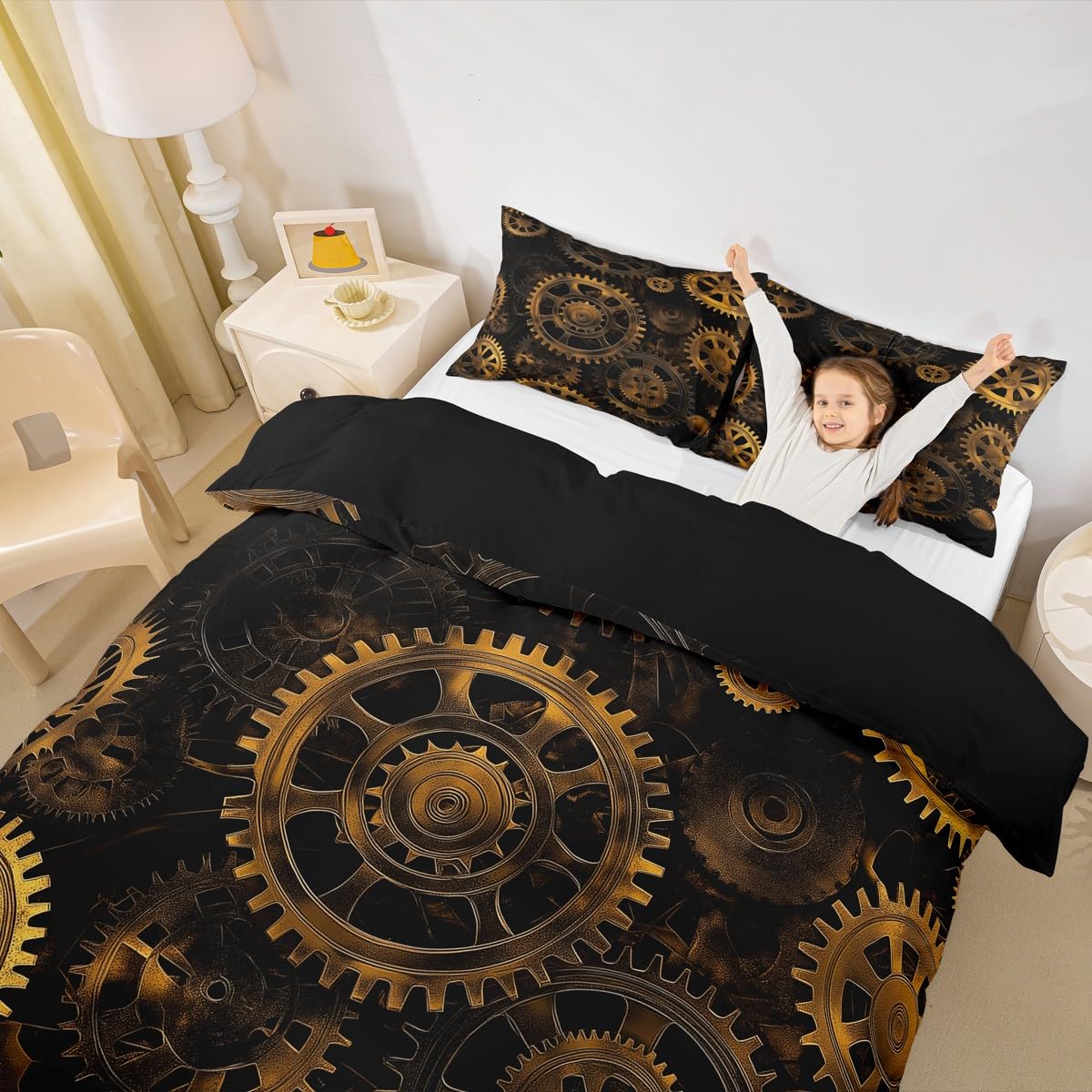 Erosebridal Golden Ndustrial Gear Bedding Set Full Size Steampunk Style Duvet Cover Clocks Theme Comforter Cover for Boys Men Mechanical Device Bedspread Cover, Black