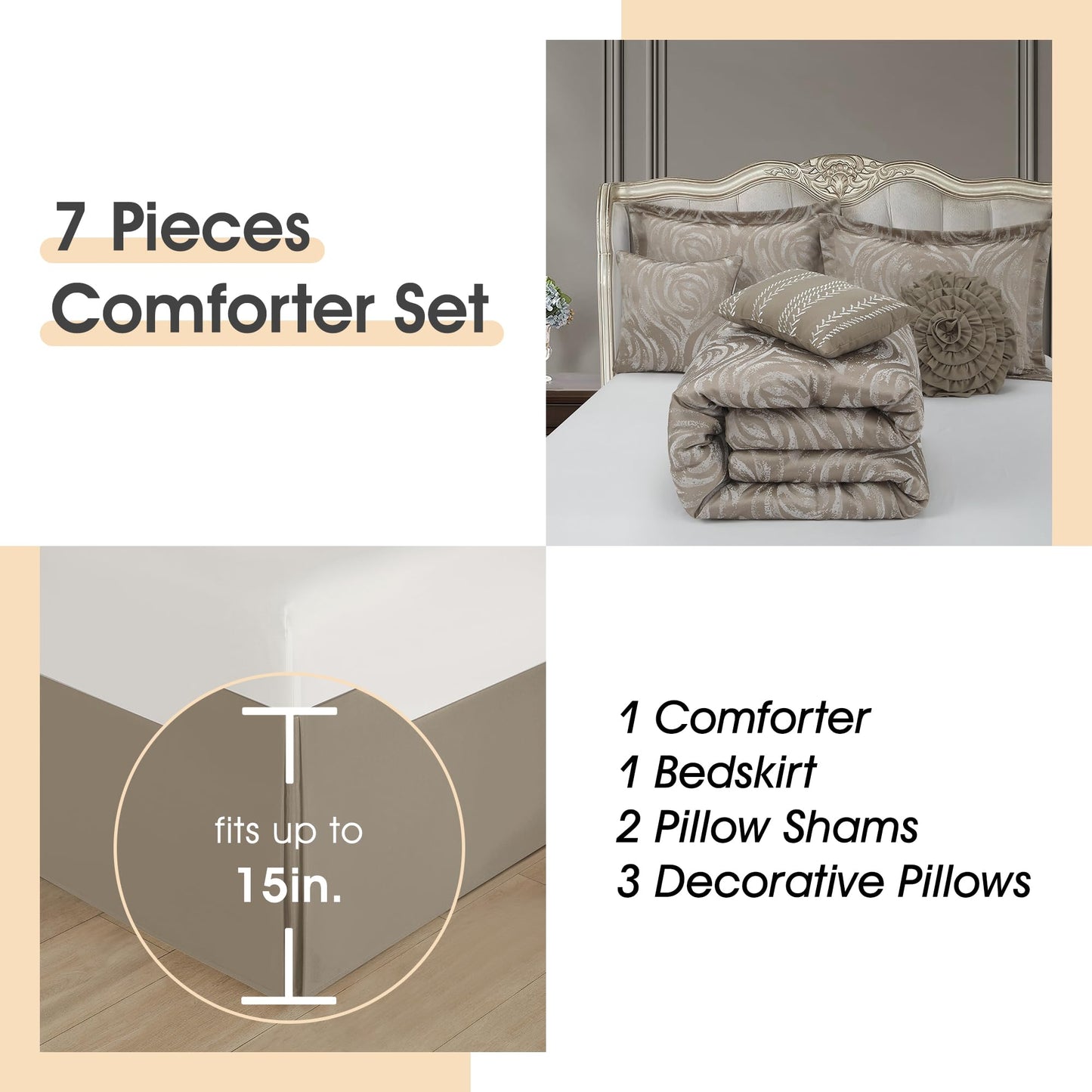LANCO MODERN LIFESTYLE Taupe 7 Piece Comforter Set, King, Elegant Floral Jacquard, Ultra Soft Bed Set for All Seasons, Bed in a Bag, Include Comforter, Bed Skirt, Pillow Shams & Decor Pillows